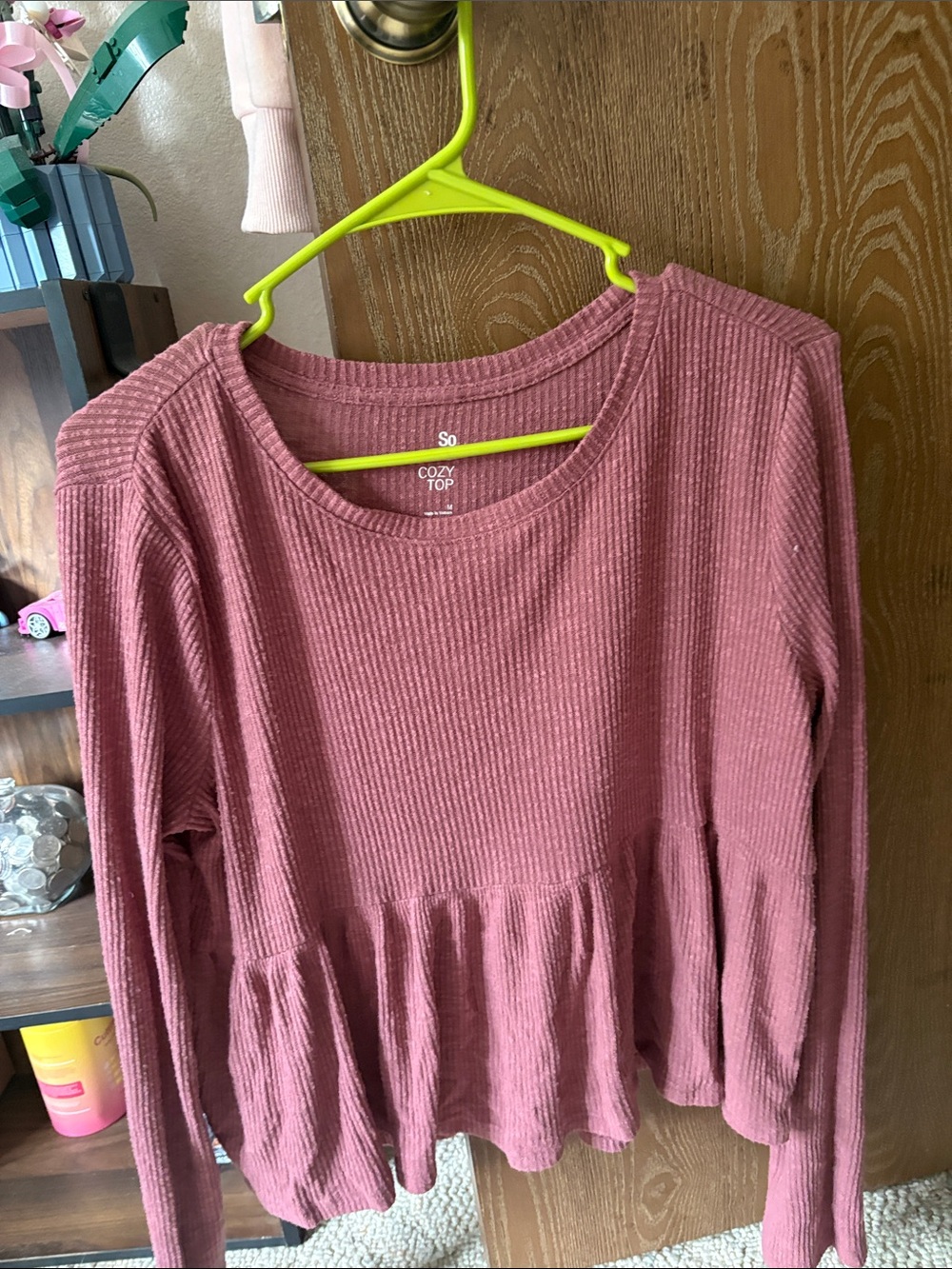 SO Ribbed Peplum Long Sleeve Top - Rose